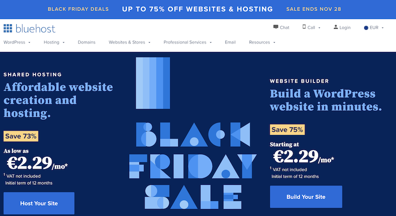 Bluehosts Black Friday kampagne æ 75% rabat