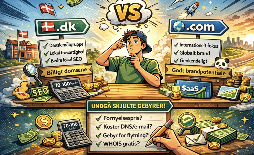 .dk eller .com til domæne og e‑mail uden skjulte gebyrer